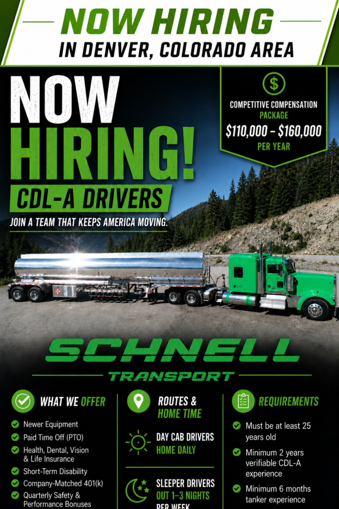 apply now to Schnell transport in the Denver Colorado area for fuel hauling driver job
